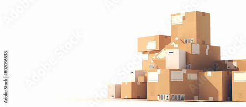 Pila di scatoloni su sfondo bianco. Trasloco o ricezione di merci. photo