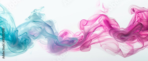 Whirls of aquamarine and fuchsia merging and melding together on a pristine white background, creating an abstract symphony of color and movement.
