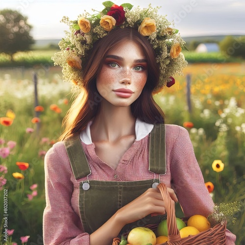 Young farmer girl in a wreath of wildflowers with a basket of fresh fruits