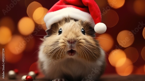 Brown and white guinea pig wearing santa hat