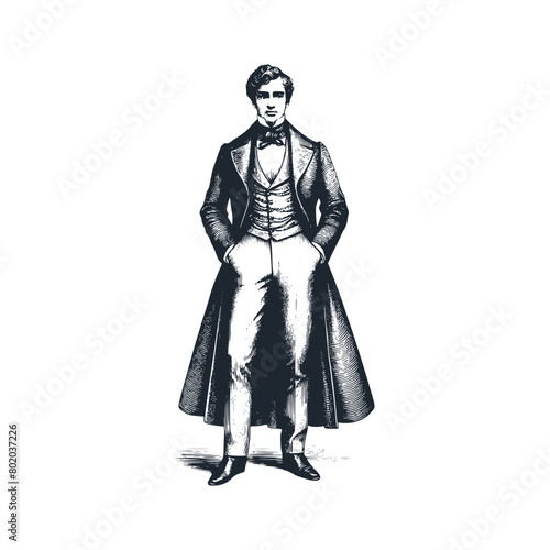 The vitorian gentleman. Black white vector illustration. 