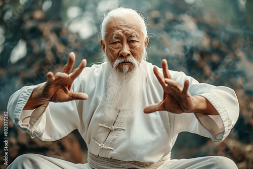 very old chinese kung fu master makes traditional tai chi or qigong, meditation, old medicine from china for healt and vitality photo