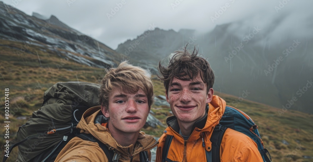 Two young men standing on mountain summit