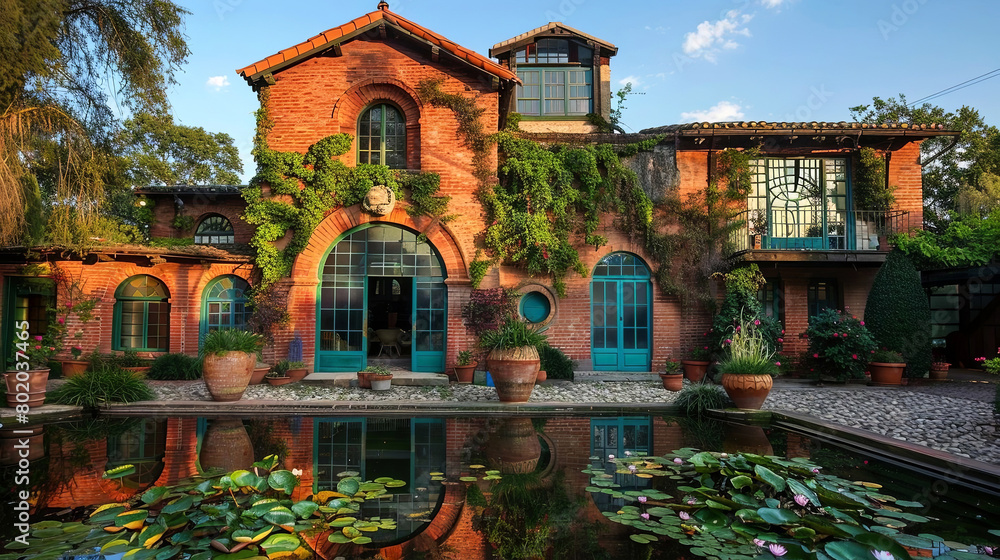 Charming brick villa with turquoise doors reflected in a tranquil pond with lily pads