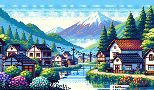 beautiful scene village with background mountain and forest pixel art illustration