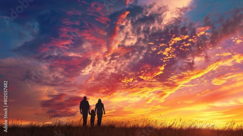 A family silhouette walking towards a vibrant sunset sky photo