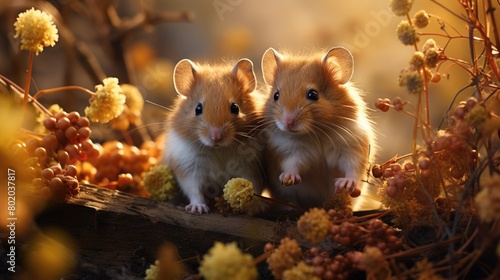 Two little hamsters are sitting on a stone in the garden and looking around.