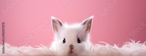 White rabbit sitting on a table on a pink background