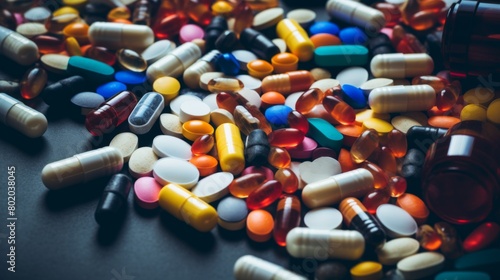 An array of multicolored pharmaceutical pills and capsules, including opioids, vitamins, and a variety of medicines, scattered across a surface, representing healthcare and medication diversity photo
