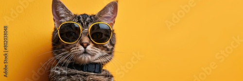 Gray cat wearing sunglasses against yellow wall