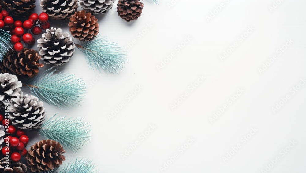 Pine Cones and Berries on a White Background Pine Cones and Berries on a White Background