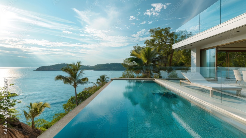 Fototapeta premium A large pool with a glass railing overlooking the ocean
