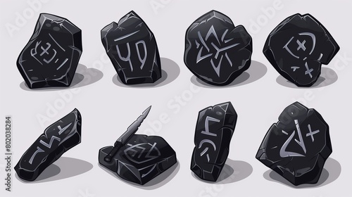 A set of onyx game runes, a nordic ancient alphabet, the viking celtic futark symbols, esoteric occult signs, mystic UI and GUI elements, isolated cartoons. photo