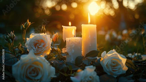 Burning candles next to white roses lying on the ground. Theme of farewell and loss
