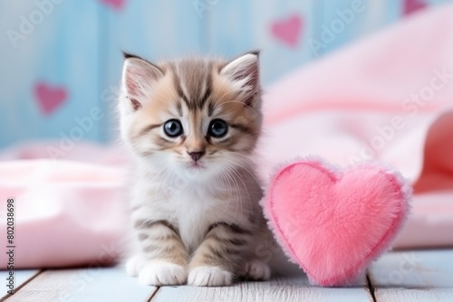 Cute kitten on a beautiful romantic white pink background. For postcard design for holiday, celebration, Valentine's Day. © Boomanoid