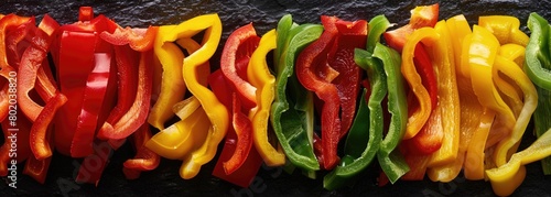 Row of sliced bell peppers of different colors on the kitchen table