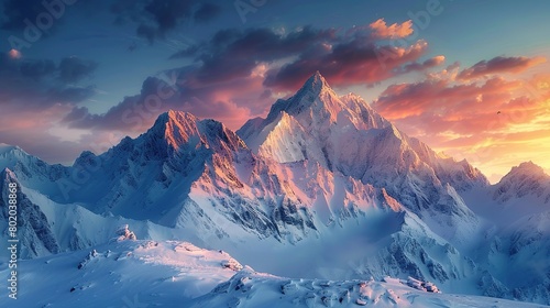 A snow-capped mountain range is shown in the distance with a bright, setting sun casting a pink and purple glow on the peaks. There is a dusting of snow on the foreground as well.