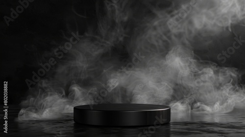 A sleek black podium surrounded by wispy, swirling mist against a dark backdrop. Background. photo