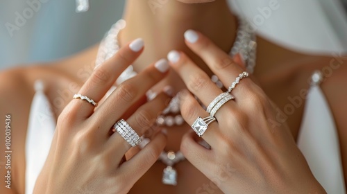 A woman is wearing a diamond necklace and diamond earrings. She is holding the necklace with her right hand and the ring on her right hand is visible