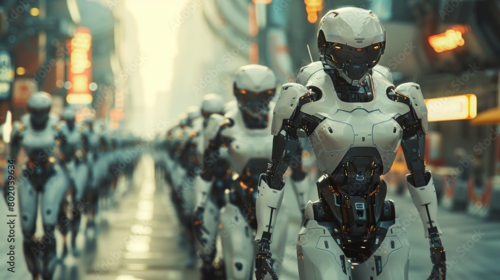 A scene of the artificial intelligence robot walking on the street. A scene of the artificial intelligence robot walking on the street.