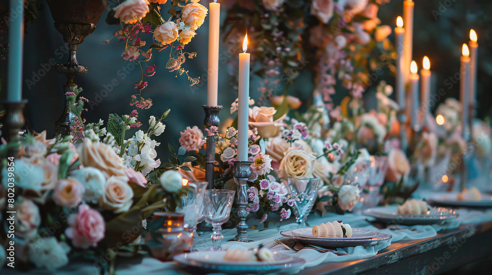Beautiful wedding table setting with floral decor