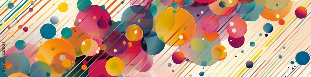 Obraz premium Diverse colored circles and intersecting lines create a dynamic abstract backdrop. Background. Wallpaper. Banner.