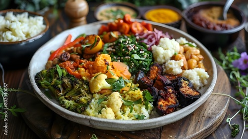 Colorful plantbased plate highlights vegan cuisines variety deliciousness and sustainable food choices . Concept Vegan Cuisine, Colorful Plate, Plant-based Diet, Sustainable Food Choices