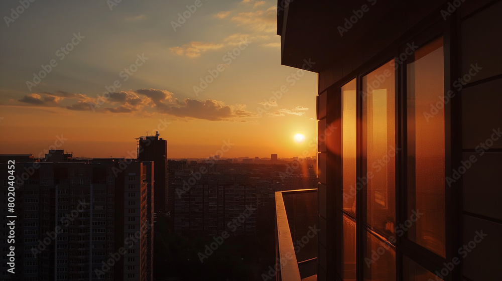 Fototapeta premium Breathtaking Sunset View from High-Rise: Illuminating Cityscape and Reflecting off Windows Amidst Urban Development