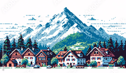 beautiful scene village with background mountain and forest pixel art illustration © Rizaldy