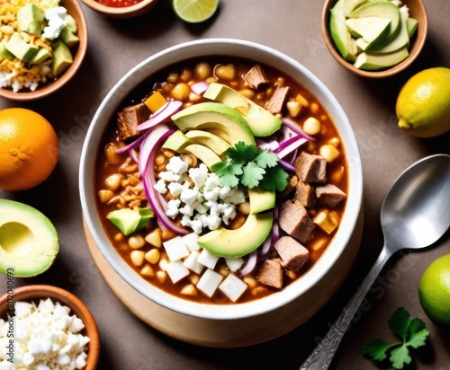 Mexican pozole soup is a delicious and hearty soup made with hominy, pork or chicken, peppers, onions
