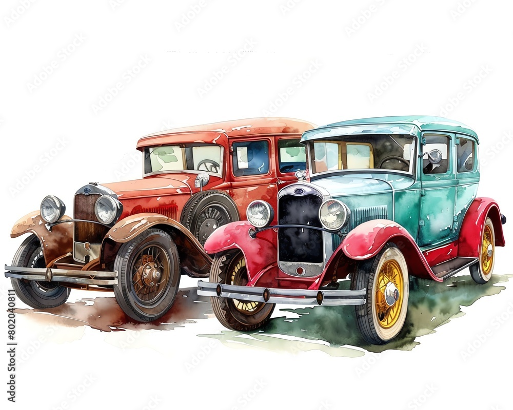 Two watercolor vintage cars, one red and one blue, parked next to each other on a white background.