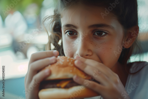 Junges Mädchen beißt in einen Burger photo