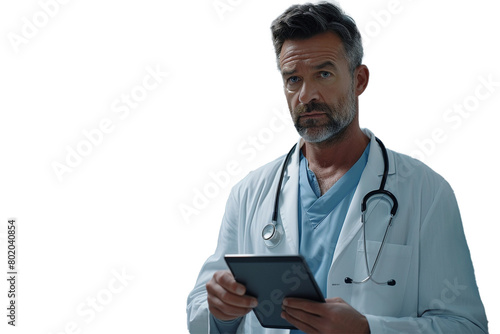 A male doctor in a hospital corridor, looking at a tablet with a concerned expression, isolated on transparent background, png file,
