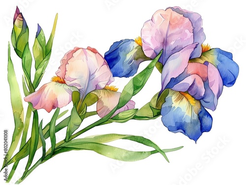 Aquarelle painting of irises. The petals are a mix of blue, purple, and pink. The leaves are green. watercolor  photo