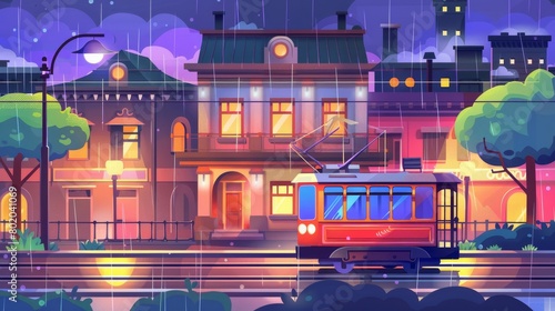 An animated parallax background tram rides down a retro street on a rainy day. With 2D cityscapes and vintage buildings, town under rain, and separated layers for playability, this is a modern