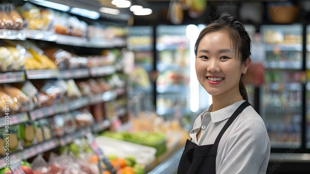 Asian woman smiling working in supermarket as a food store assistant . Concept Workplace, Supermarket, Food Store Assistant, Asian Woman, Smiling Asian woman smiling working in supermarket as a food store assistant . Concept Workplace, Supermarket, Food Store Assistant, Asian Woman, Smiling