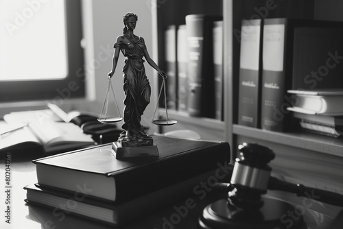 Justitia-Figur auf einem Anwalts-Schreibtisch