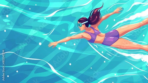 Swimming in pool banner with girl at the top. Modern illustration showing a woman swimming freestyle across the water.