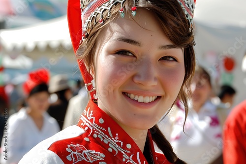 Woman of Kyrgyzstan wearing national attire and headscarf. Kyrgyz youth. Contemporary middle eastern and Central Asia fashion. Textile patterns of Asian ethnicities. Tribal gown of Uzbek ladies photo