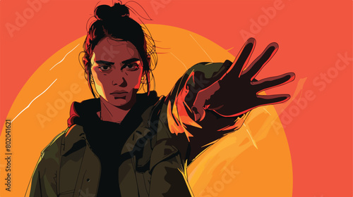 Female junkie showing STOP gesture outdoors Vector style photo