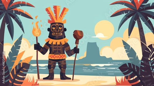 Island banner with black man with tiki mask on sea beach. Modern illustration of traditional tribal culture with cartoon illustration of man with polynesian or Hawaiian totem mask and torch. photo