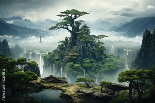 Brazil landscape. Lush green forest with large tree in middle. Cloudy sky with mountains on background are covered in mist. Generative ai. Waterfalls.