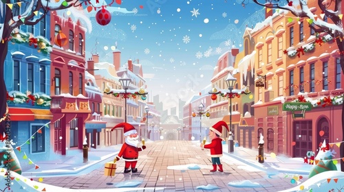 Modern landing page with cartoon people celebrating winter holidays on a city street with snow and houses decorated for Christmas.