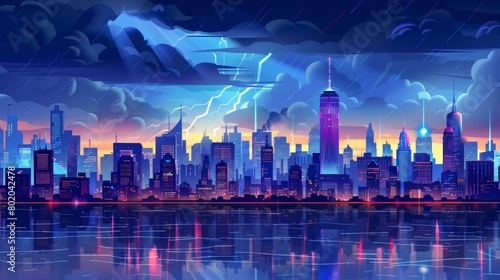 Modern city at storm, urban skyline view with low-water bridge, metropolis cityscape with skyscraper buildings, separated layers, for 2D game animation, Cartoon modern illustration.