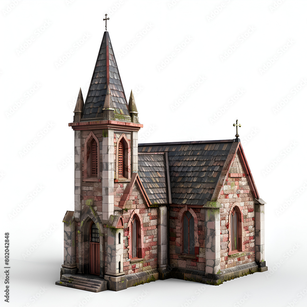 A small, old church with a steeple and a cross on top. The building is made of red bricks and has a white roof. The church appears to be abandoned and in need of repair. Generative AI