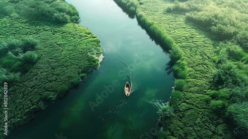 A captivating image of a winding river, with a small boat drifting along the current, capturing the peaceful and unhurried pace of a leisurely journey on World Sauntering Day. photo