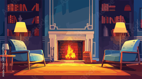 Fireplace in stylish interior of room Vectot style vector photo