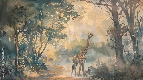 Soft watercolor scene of a giraffe in a misty forest  early morning light filtering through the trees  creating a magical atmosphere