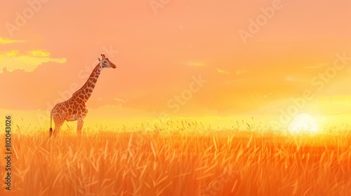 Tranquil watercolor of a giraffe in a serene grassland at sunset  the sky painted with warm hues of orange and pink