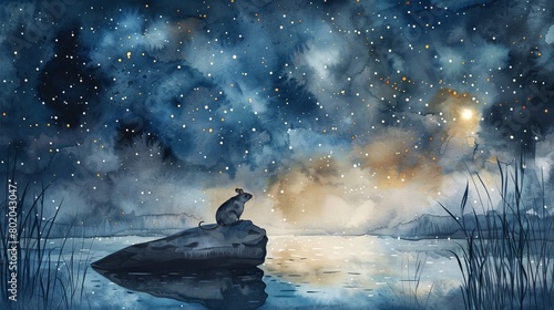 Tranquil watercolor scene of a mouse under a starry sky, sitting on a rock with gentle reflections on a serene pond